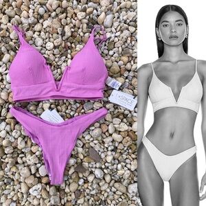 L*SPACE Set - Rosebud Siren Pointelle Rib Bikini Top & Cabana Bitsy Bottom - L/M